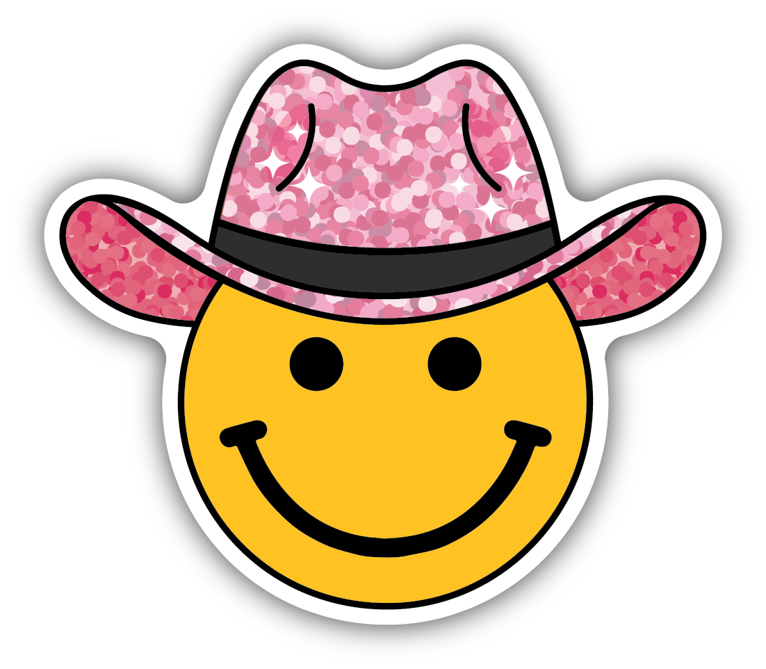 SPARKLY PINK HAT SMILEY FACE | STICKER