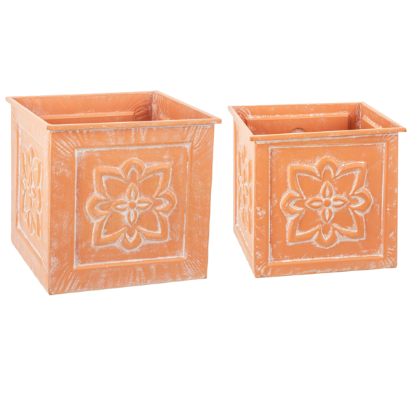 2 Sizes Terracotta Finish Embossed Medallion Square Planters CG180202
