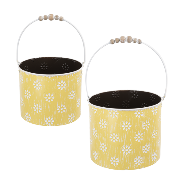Embossed Yellow & White Daisy Round Planter with Beaded Handle CG180332