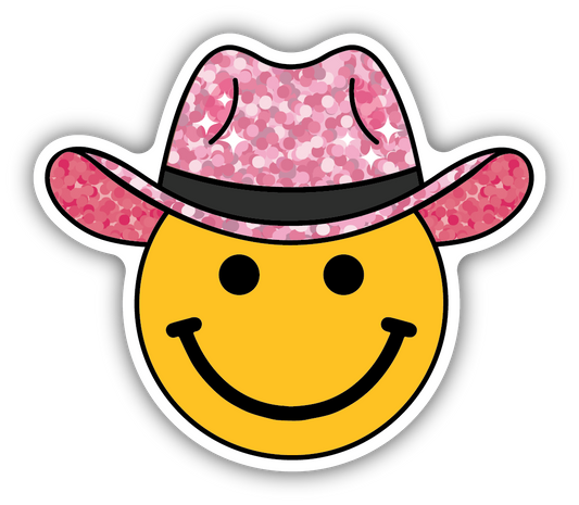 SPARKLY PINK HAT SMILEY FACE | STICKER