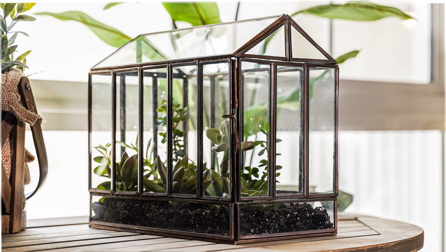 Urban Born Greenhouse Terrarium Glass+Metal, Bronze,10x7x10"