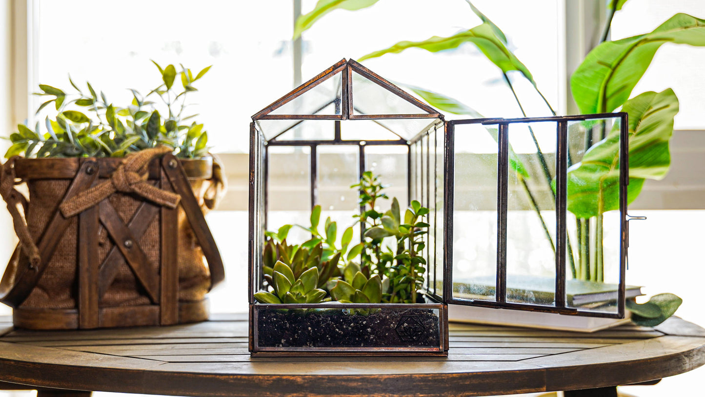 Urban Born Greenhouse Terrarium Glass+Metal, Bronze,10x7x10"